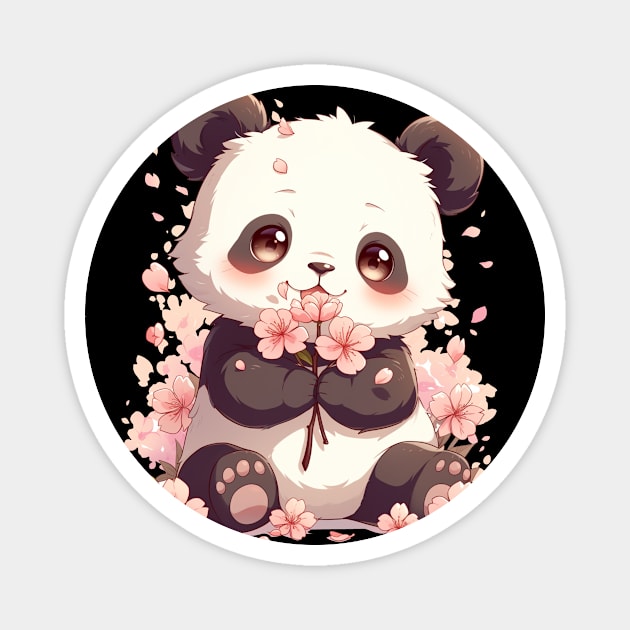 Panda Playing With Cherry Blossoms - Panda Bear Japanese Magnet by Anassein.os